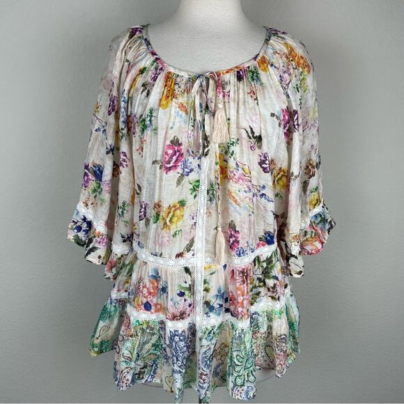 Ruby Ya Ya Off White Multi Floral Lace Peasant Top Medium - Picture 4 of 9